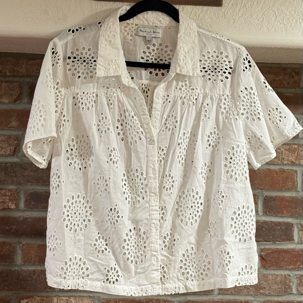 Michael Stars White Eyelet Lace Button Down Shirt Top Large - Picture 2 of 4